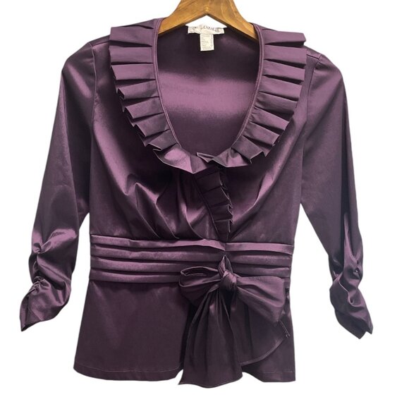 Joseph Ribkoff Tops - Joseph Ribkoff Eggplant Purple Satin Ruffled Blouse With Bow Detail Womens Size